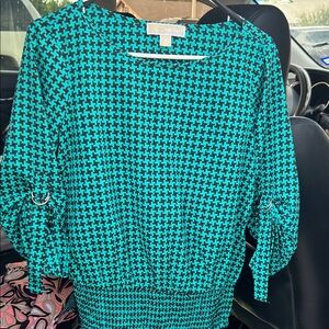 NWOT Michael Kors Teal and Black Houndstooth Blouse